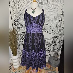 Vintage Boho Purple and Black Midi Dress Tribal Design 100% Cotton Made In India